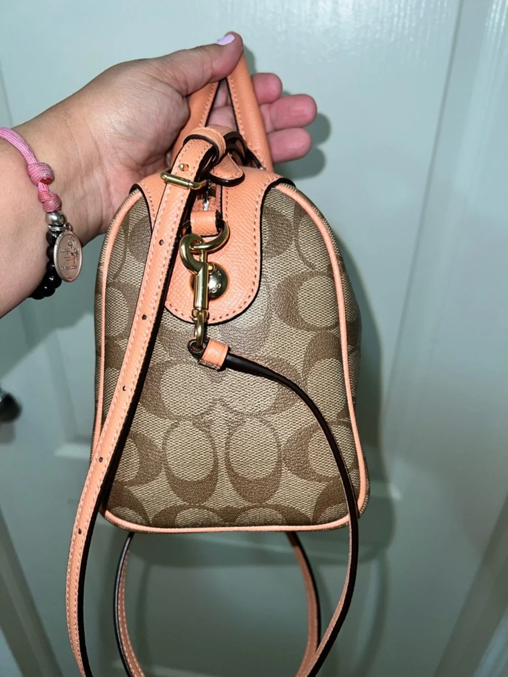 Coach Brown Signature Satchel with Pink Flamingo Accent - Picture 6 of 11